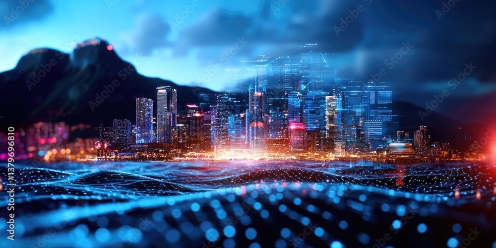 Aufkleber A vast digital ocean, where waves of code crash against the binary shores of data. Big data, like a mountain range of information, stretches across the landscape, while d