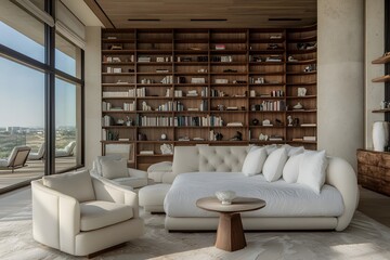 Modern and cozy loft apartment with panoramic city view and open plan living room design