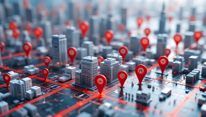 Fototapeta premium Stylized miniature city with red markers, digital grid lines advanced urban mapping, geofencing tech. Futuristic cityscape concept communication network, data transmission, smart city infrastructure, 