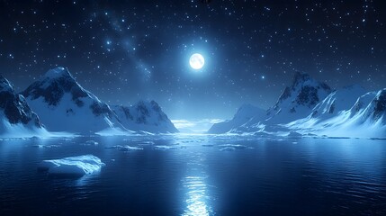 antarctic landscape, snow-covered mountains, icebergs, calm waters, full moon, starry sky, night scene, serene, breathtaking, natural beauty, polar region, icy terrain, moonlight, reflection, tranquil