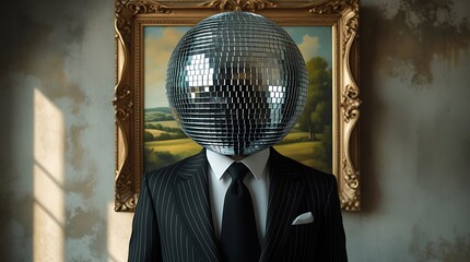 Mysterious figure in a sharp suit with a reflective disco ball head, blending fashion, surrealism, and conceptual art, evoking themes of anonymity, nightlife, and creativity.


