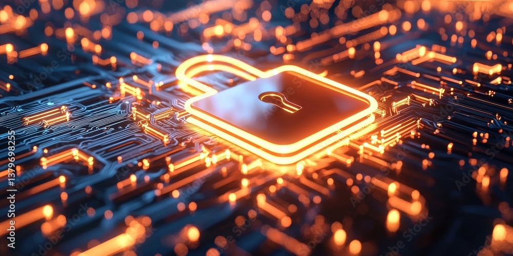 Poster A sleek, digital padlock symbol, its surface shimmering with a network of glowing lines, represents the robust security and data protection of the digital age.