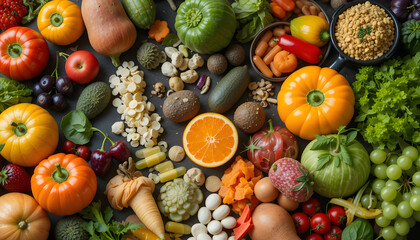 Healthy food concept. Fruits, vegetables, vitamins to boost immune system. Fresh organic produce, supplements for wellness, balanced diet. Immunity health, natural lifestyle. Healthy eating for See Le