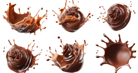 Swirls and splashes of rich chocolate liquid create dynamic shapes and textures on a clean white background for artistic expression