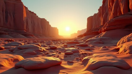 Rocky desert canyon landscape glowing in warm sunset light with dramatic sky	
