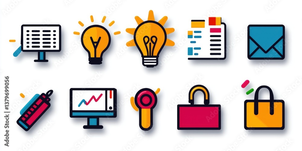 Poster a vibrant flat line icon set, featuring a variety of office and business-related objects, such as a 