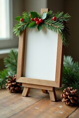 Fototapeta premium Wooden Christmas decoration stand with holly and pinecones , forest, evergreen, pinecone