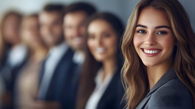 A confident young businesswoman smiling at the camera with a diverse group of colleagues standing in a line behind her. - Powered by Adobe