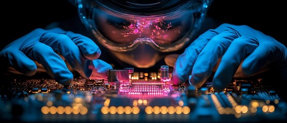 Tech repair gloved hands with circuit board.