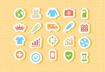 Cute and colorful hobby art and photo icons for children educational apps school design resources including crown trophy camera brush gift box fun learning UI for kids creative classroom and presentat