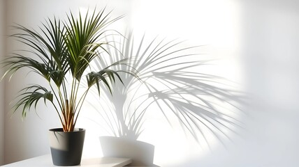 Fototapeta premium A minimalist composition featuring a potted palm plant with long, slender, green leaves casting intricate shadows on a plain white wall.