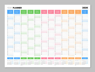 2025 year calendar, blank colorful annual wall planner for daily agenda. Schedule page journal, stationery calendar, organizer, planner template with space for personal notes vector illustration