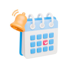 3D calendar with bell notification. Realistic reminder symbol of event planner with ringing yellow bell. Reminder, meeting and time concept. Vector icon isolated on white background.