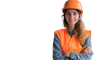 Confident Construction Worker: Portrait of a female construction worker, in her protective orange gear, her arms crossed, her smiling face suggesting competence and authority