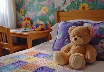Cozy Bedroom with Teddy Bear Plush Toy on Patterned Quilt