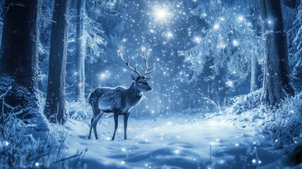 Enchanted Winter Forest: A Majestic Stag Under a Starry Sky