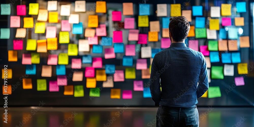 Poster a man stands in the shadow of a towering wall, its surface adorned with sticky notes, each a vibrant