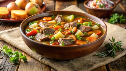 Hearty vegetable soup with chunks of tender meat in a rich savory broth, easy recipe