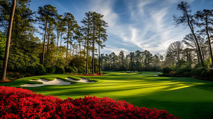 Serene Golf Course Landscape with Vibrant Red Flowers, Tall Trees, and a Partly Cloudy Blue Sky