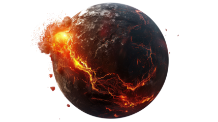 Apocalyptic Planet: A visually striking depiction of a planet ravaged by cataclysmic events, with molten lava and fiery explosions creating a dramatic and ominous atmosphere.