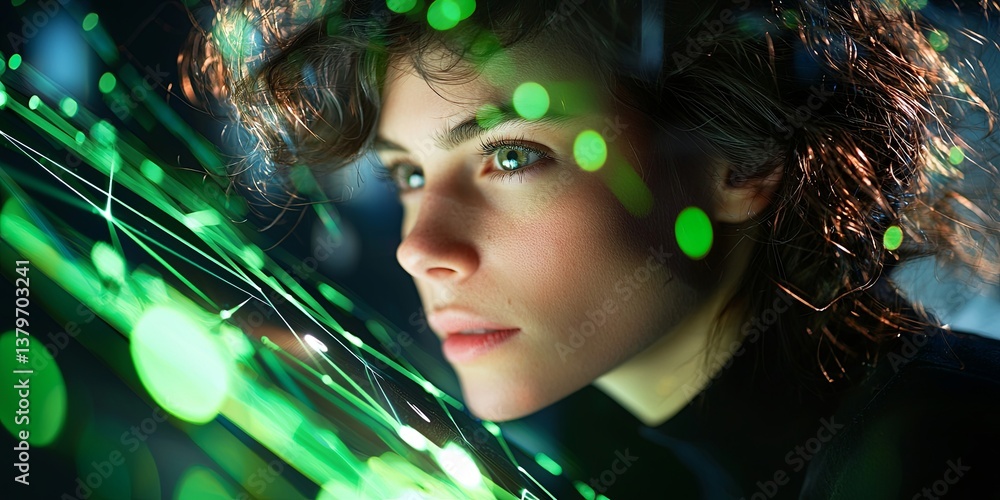 Leinwandbilder a businesswoman s determined gaze, framed by the digital neural network of a vast cyberspace, unveil