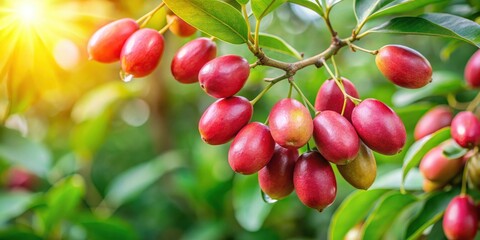 Obraz premium Syzygium cumini fruit on a branch in a tropical garden, tree, food, tree, food, plant, flowers, nature,syzygium cumini