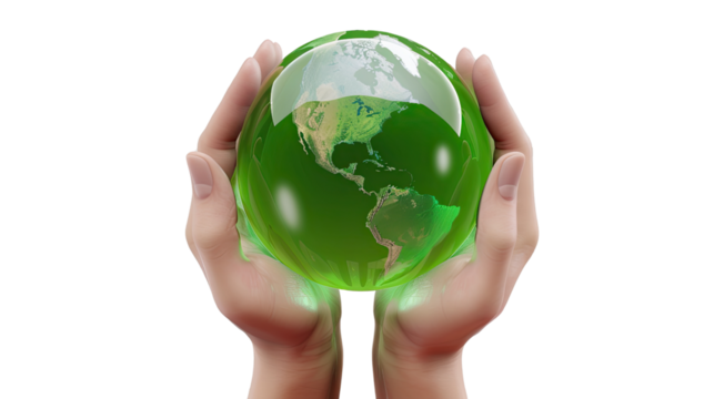 The World in Our Hands: A pair of hands cradles a vibrant green globe, symbolizing the planet's care, in an optimistic image, implying global responsibility.
