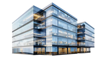 Modern Glass Office Building: A stunning, contemporary office building with sleek glass facade reflecting the surrounding environment.
