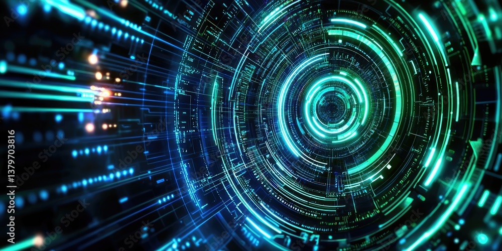 Poster A digital canvas of swirling blue and green circuits, connected by glowing lines, representing a complex network of nodes and transactions. A futuristic, technological ba