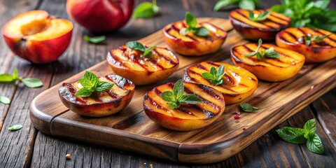 Sweet summer treat, juicy peaches grilled to perfection with caramelized stripes on a rustic wooden cutting board, wood grain table, grilled peaches