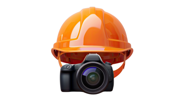 Construction Photography Concept: An artistic concept featuring a camera resting beneath a safety helmet