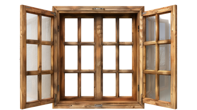 Open Window Frame: A rustic wooden window frame, its two shutters ajar, invites a glimpse into the outside world, offering a sense of space, light, and possibility.