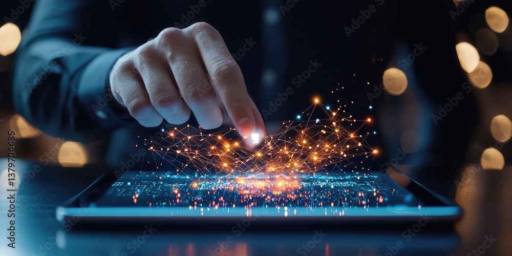 Poster a futuristic digital tablet glows, its screen displaying a sleek startup icon and a vibrant network 