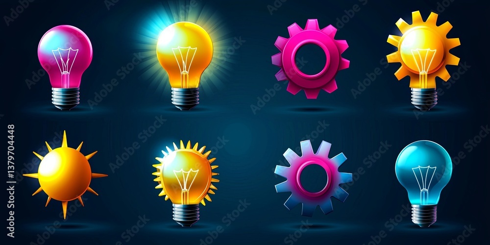 Poster a vibrant set of innovation icons: a sleek light bulb illuminating a cog, each in a unique, modern s
