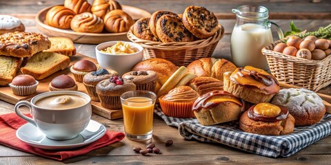 Breakfast Table with Assorted Pastries, muffins, fresh bread,  muffins