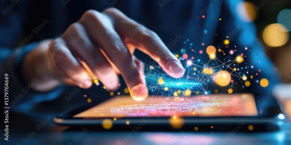 Poster A futuristic digital tablet glows, its screen displaying a sleek startup icon and a vibrant network connection, signifying growth and innovation. A man s finger gently re
