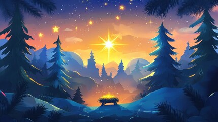 Starlit winter night scene with a manger in a snowy forest.