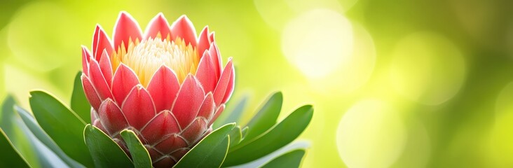 Fototapeta premium A vibrant flower with red and pink petals, surrounded by green leaves, set against a soft, blurred background of light.