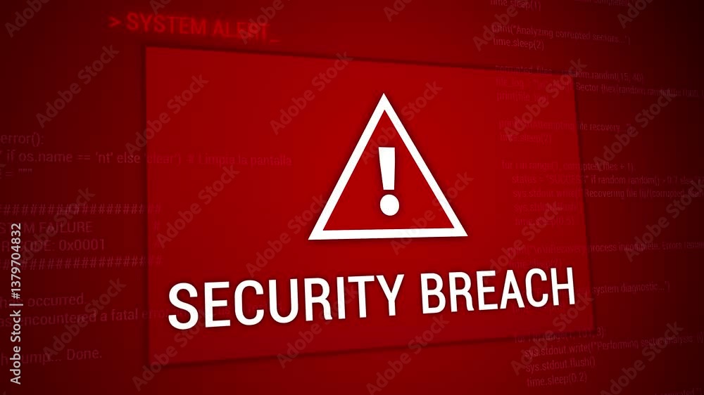 Poster securuty breach display in red screen - unauthorized access to a system, network, device, or data.