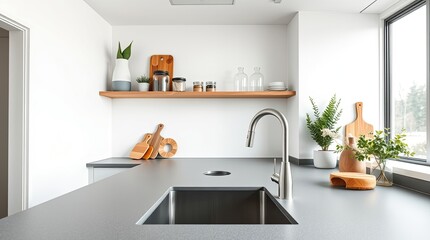 Modern kitchen interior with sink faucet and wooden shelves