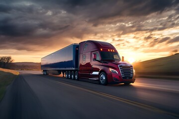 Obraz premium A powerful red semi-truck with a blue trailer speeding down the highway at sunset
