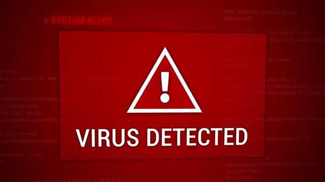 VIRUS DETECTED Display On Red Screen - Device Security Program Identified Malware (Malicious Software). - closeup shot