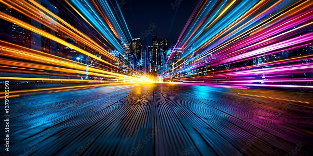 Poster a dynamic panorama, where streaks of vibrant light crisscross the backdrop of a futuristic cityscape