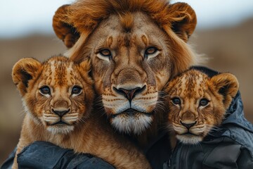 Obraz premium Lion father poses proudly with his two playful cubs in the wild under a cloudy sky