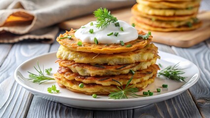 Crunchy golden potato pancakes piled high on a white plate, topped with a dollop of sour cream and a sprinkle of chopped fresh dill, polish cuisine, crispy exterior