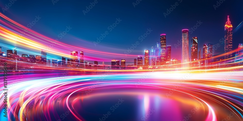 Poster A dynamic panorama, where streaks of vibrant light crisscross the backdrop of a futuristic cityscape, illuminated by an otherworldly luminescence, creating a captivating