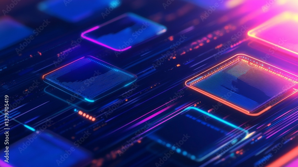Poster abstract digital background featuring glowing squares and vibrant color with a futuristic feel