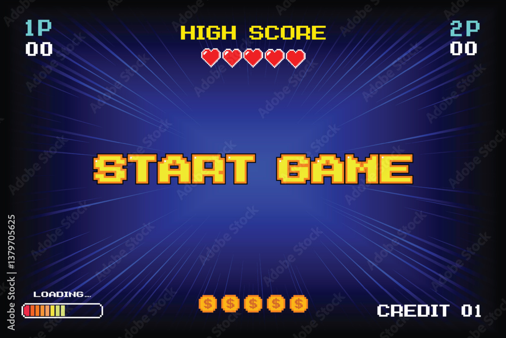 Poster start game. pixel art .8 bit game. retro game. for game assets in vector illustrations. arcade gamin