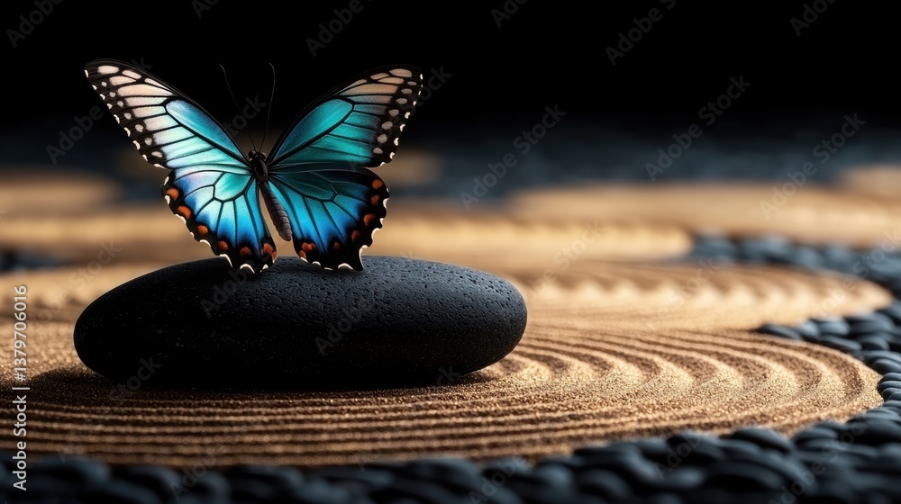 Aufkleber a vibrant butterfly perched on a smooth black stone, surrounded by soft, circular patterns in sand, 