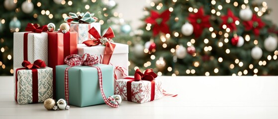 A festive arrangement of beautifully wrapped Christmas gifts in front of a decorated tree with twinkling lights.